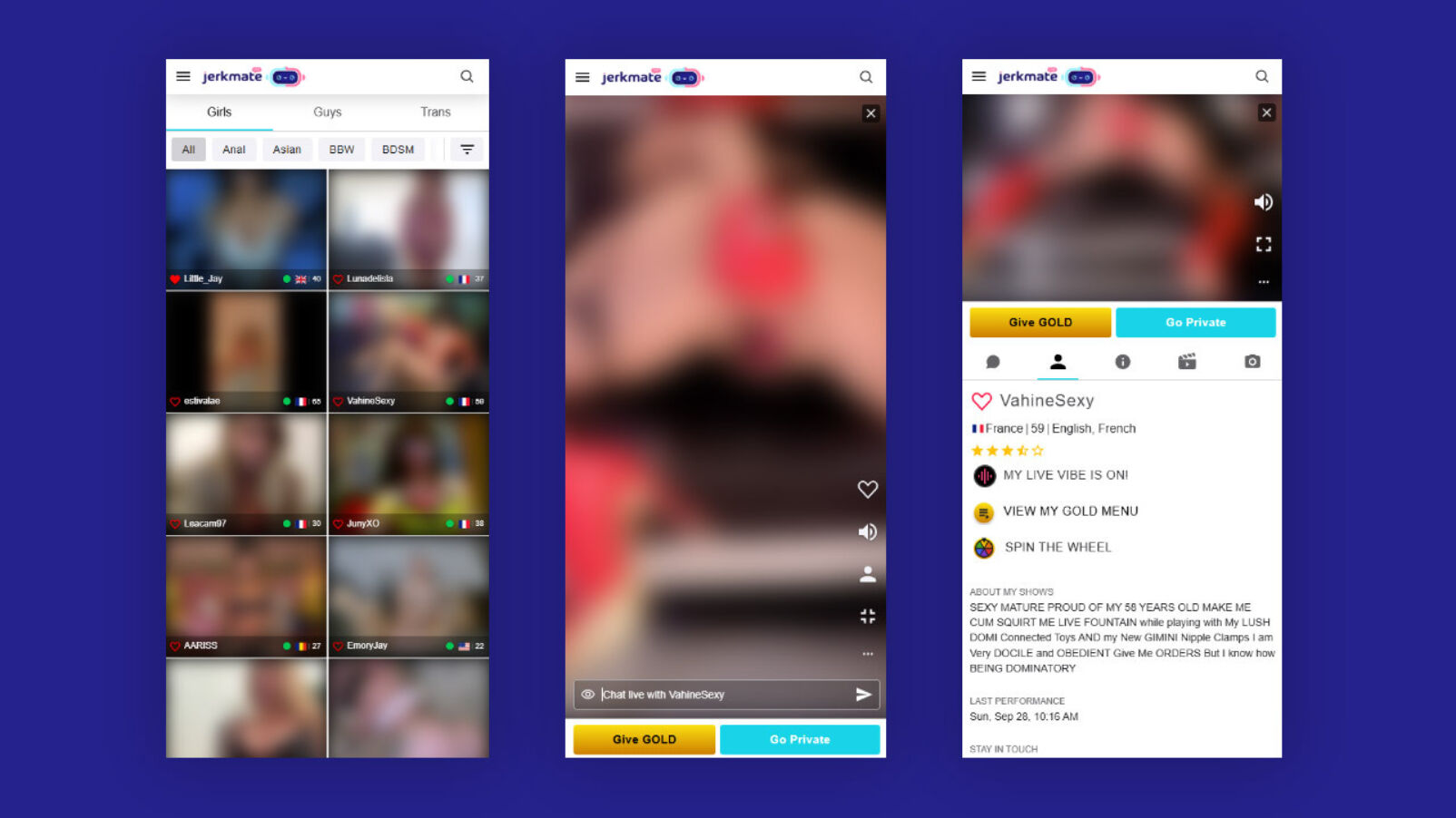 Jerkmate mobile version user interface design
