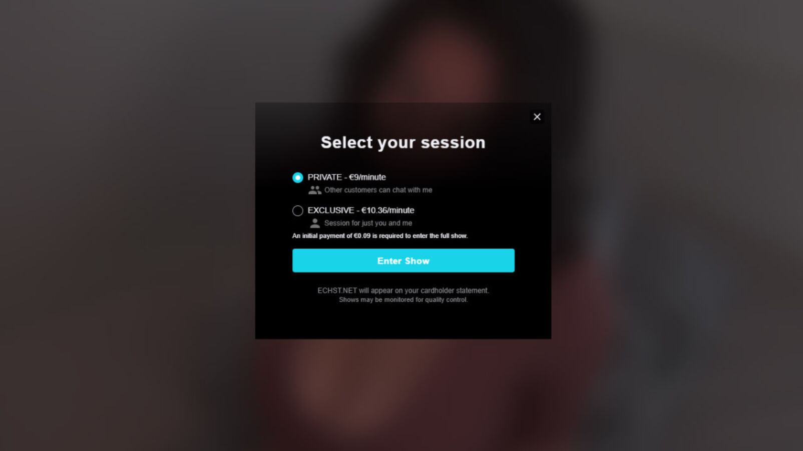 Jerkmate private session modal